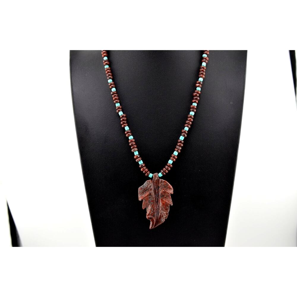 Navajo Mary W. Roanhorse Carved Jasper Leaf Pendant Necklace